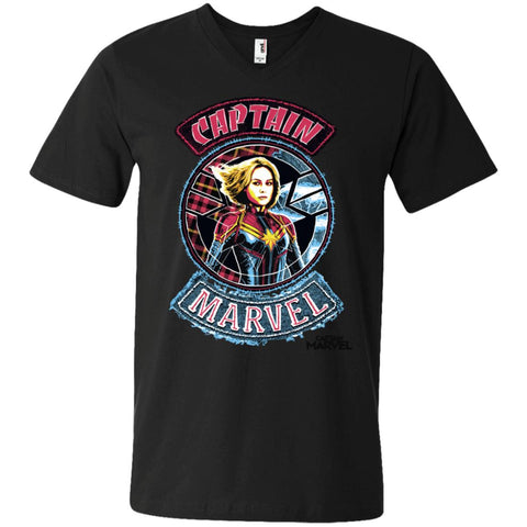 Captain Marvel Stitched Patched Portrait Men V-Neck T-Shirt Black / S Men V-Neck T-Shirt - parenttees