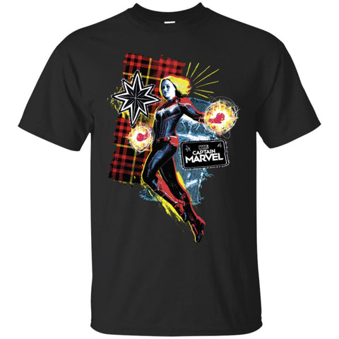 Captain Marvel Plaid Jean Patched Portrait Men Cotton T-Shirt Black / S Men Cotton T-Shirt - parenttees