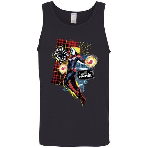 Captain Marvel Plaid Jean Patched Portrait Men Cotton Tank Black / X-Small Men Cotton Tank - parenttees