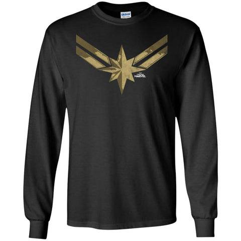 Captain Marvel Simple Gold Shadowed Logo Men Long Sleeve Shirt Black / S Men Long Sleeve Shirt - parenttees