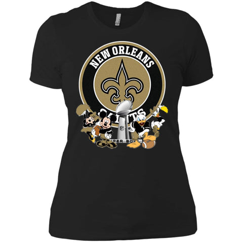 Nfl – New Orleans Saints Super Bowl 2019 Mickey Mouse Minnie Mouse Donald Duck Daisy Duck Football Women Cotton T-Shirt Black / X-Small Women Cotton T-Shirt - parenttees