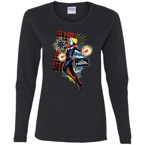 Captain Marvel Plaid Jean Patched Portrait Women Long Sleeve Shirt Black / S Women Long Sleeve Shirt - parenttees