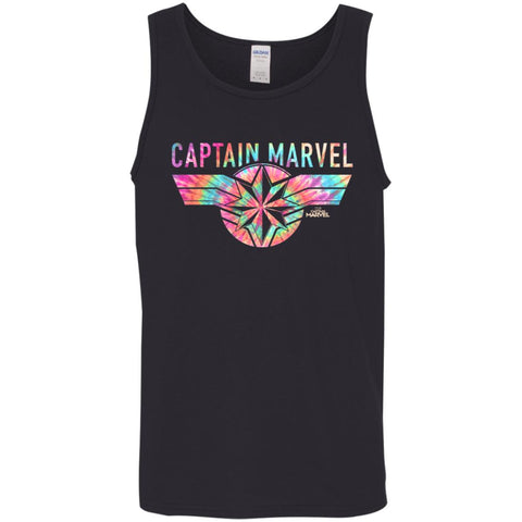 Captain Marvel Logo Banner Tie Dye Colors Men Cotton Tank Black / X-Small Men Cotton Tank - parenttees