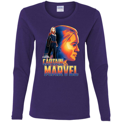 Captain Marvel Bold Sunset Portrait Women Long Sleeve Shirt Purple / S Women Long Sleeve Shirt - parenttees