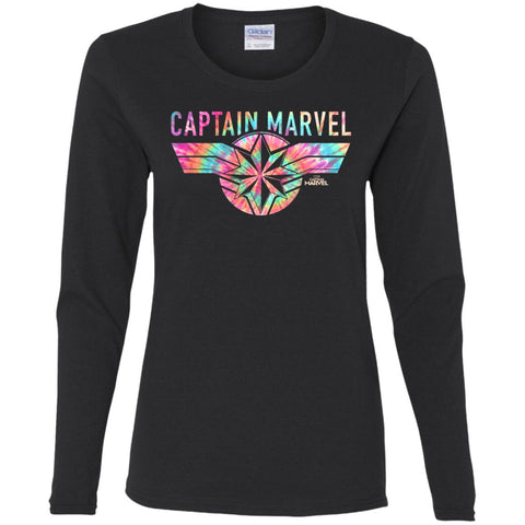 Captain Marvel Logo Banner Tie Dye Colors Women Long Sleeve Shirt Black / S Women Long Sleeve Shirt - parenttees