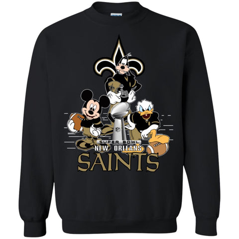 Nfl – New Orleans Saints Donald Duck Goofy Mickey Mouse Super Bowl 2019 Football Crewneck Pullover Sweatshirt Black / S Crewneck Pullover Sweatshirt - parenttees