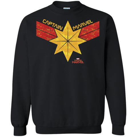 Captain Marvel Distressed Star Ribbon Logo Crewneck Pullover Sweatshirt Black / S Crewneck Pullover Sweatshirt - parenttees