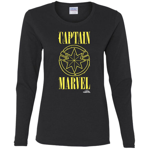 Captain Marvel Yellow Paint Drip Logo Women Long Sleeve Shirt Black / S Women Long Sleeve Shirt - parenttees