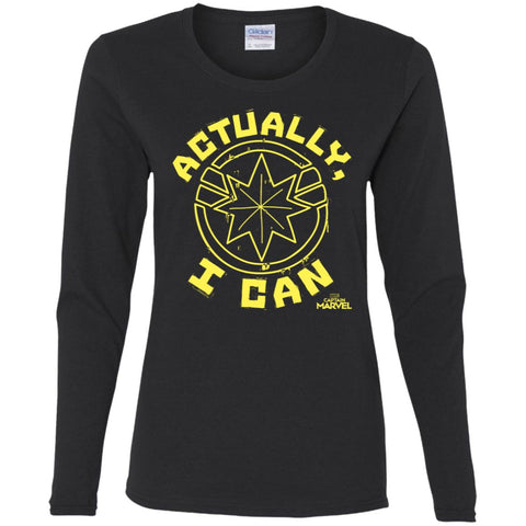 Captain Marvel Actually I Can Yellow Logo Women Long Sleeve Shirt Black / S Women Long Sleeve Shirt - parenttees