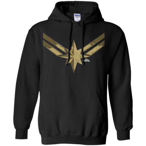 Captain Marvel Simple Gold Shadowed Logo Pullover Hoodie Sweatshirt Black / S Pullover Hoodie Sweatshirt - parenttees