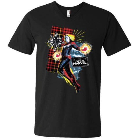 Captain Marvel Plaid Jean Patched Portrait Men V-Neck T-Shirt Black / S Men V-Neck T-Shirt - parenttees