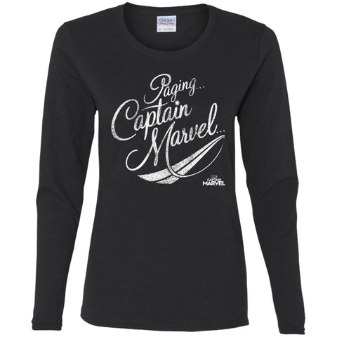 Captain Marvel Paging Distressed Cursive Women Long Sleeve Shirt Black / S Women Long Sleeve Shirt - parenttees