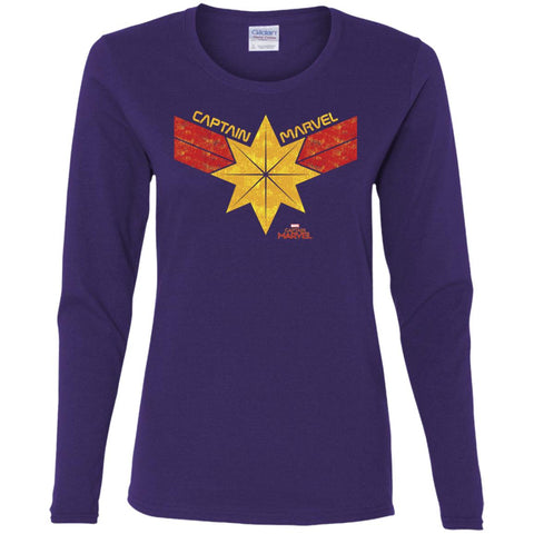 Captain Marvel Distressed Star Ribbon Logo Women Long Sleeve Shirt Purple / S Women Long Sleeve Shirt - parenttees