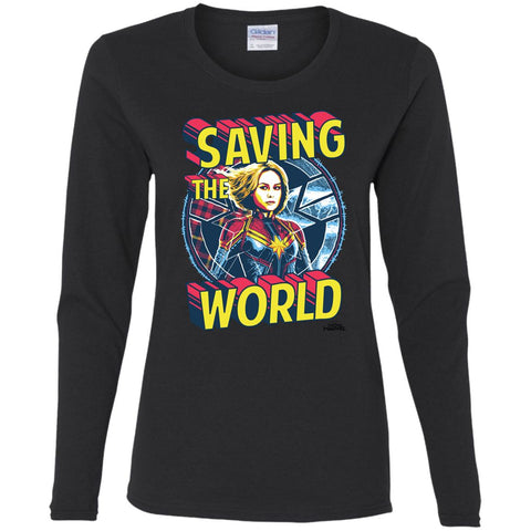 Captain Marvel Saving The World Portrait Women Long Sleeve Shirt Black / S Women Long Sleeve Shirt - parenttees