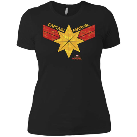 Captain Marvel Distressed Star Ribbon Logo Women Cotton T-Shirt Black / X-Small Women Cotton T-Shirt - parenttees