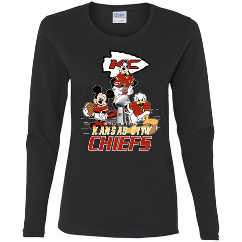 Nfl – Kansas City Chiefs Donald Duck Goofy Mickey Mouse Super Bowl 2019 Football Women Long Sleeve Shirt Black / S Women Long Sleeve Shirt - parenttees