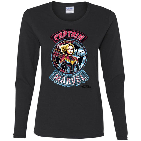 Captain Marvel Stitched Patched Portrait Women Long Sleeve Shirt Black / S Women Long Sleeve Shirt - parenttees