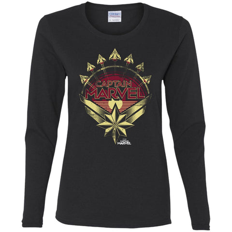 Captain Marvel Yellow Red Plane Flight Logo Women Long Sleeve Shirt Black / S Women Long Sleeve Shirt - parenttees