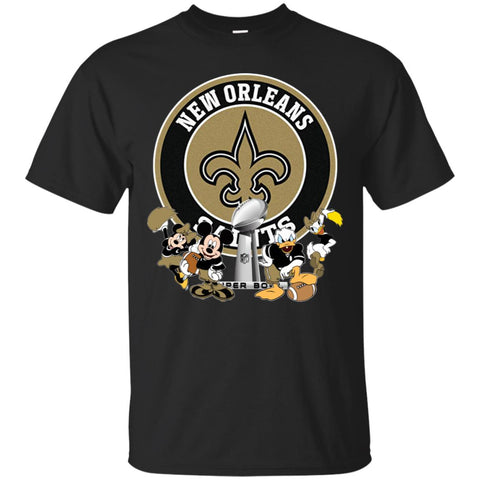 Nfl – New Orleans Saints Super Bowl 2019 Mickey Mouse Minnie Mouse Donald Duck Daisy Duck Football Men Cotton T-Shirt Black / S Men Cotton T-Shirt - parenttees