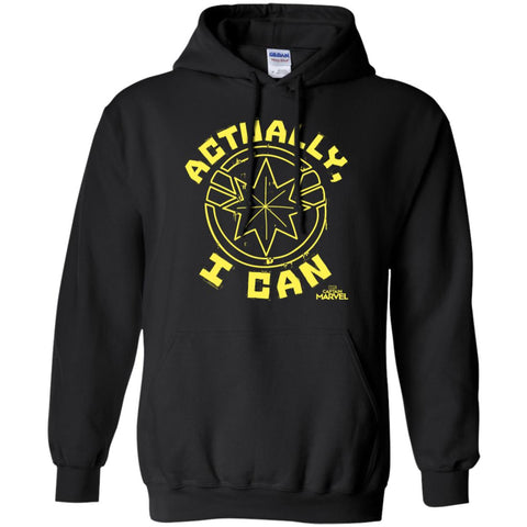 Captain Marvel Actually I Can Yellow Logo Pullover Hoodie Sweatshirt Black / S Pullover Hoodie Sweatshirt - parenttees