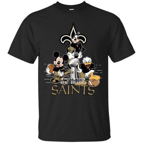 Nfl – New Orleans Saints Donald Duck Goofy Mickey Mouse Super Bowl 2019 Football Men Cotton T-Shirt Black / S Men Cotton T-Shirt - parenttees