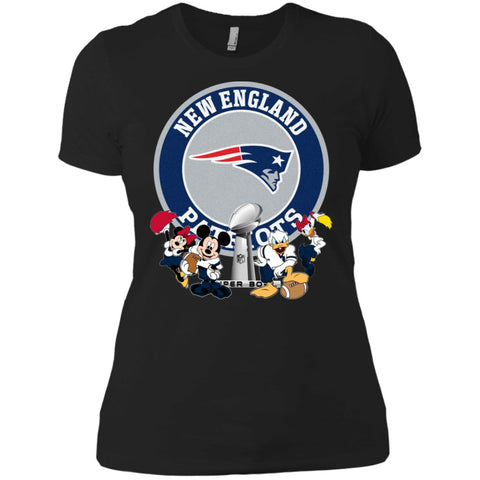 Nfl – New England Patriots Super Bowl 2019 Mickey Mouse Minnie Mouse Donald Duck Daisy Duck Football Women Cotton T-Shirt Black / X-Small Women Cotton T-Shirt - parenttees