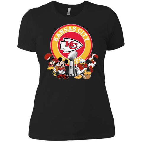 Nfl – Kansas City Chiefs Super Bowl 2019 Mickey Mouse Minnie Mouse Donald Duck Daisy Duck Football Women Cotton T-Shirt Black / X-Small Women Cotton T-Shirt - parenttees