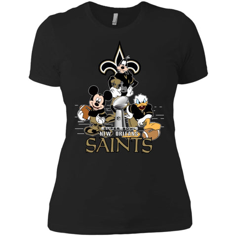 Nfl – New Orleans Saints Donald Duck Goofy Mickey Mouse Super Bowl 2019 Football Women Cotton T-Shirt Black / X-Small Women Cotton T-Shirt - parenttees