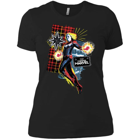 Captain Marvel Plaid Jean Patched Portrait Women Cotton T-Shirt Black / X-Small Women Cotton T-Shirt - parenttees