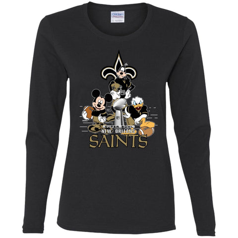 Nfl – New Orleans Saints Donald Duck Goofy Mickey Mouse Super Bowl 2019 Football Women Long Sleeve Shirt Black / S Women Long Sleeve Shirt - parenttees