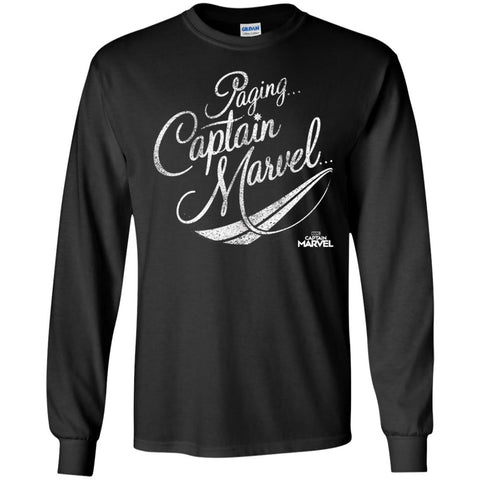 Captain Marvel Paging Distressed Cursive Men Long Sleeve Shirt Black / S Men Long Sleeve Shirt - parenttees