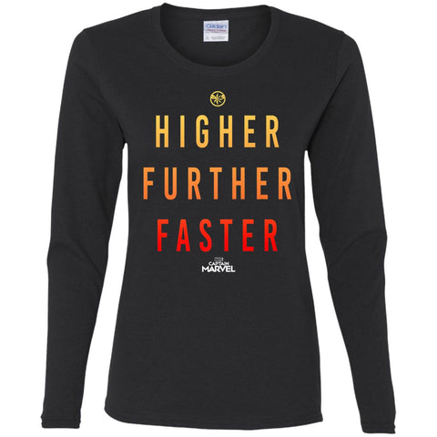 Marvel Captain Marvel Movie Higher Faster Women Long Sleeve Shirt Black / S Women Long Sleeve Shirt - parenttees