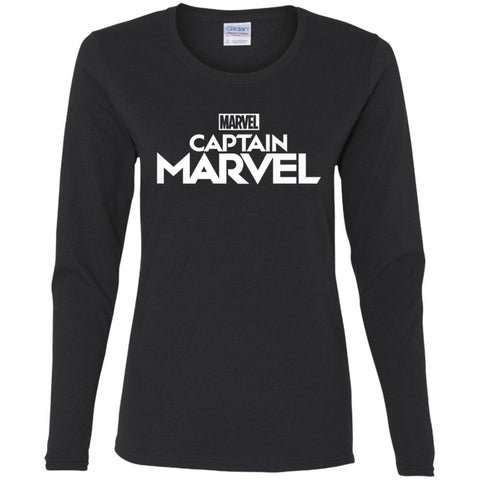 Marvel Captain Marvel Movie Logo White Women Long Sleeve Shirt Black / S Women Long Sleeve Shirt - parenttees