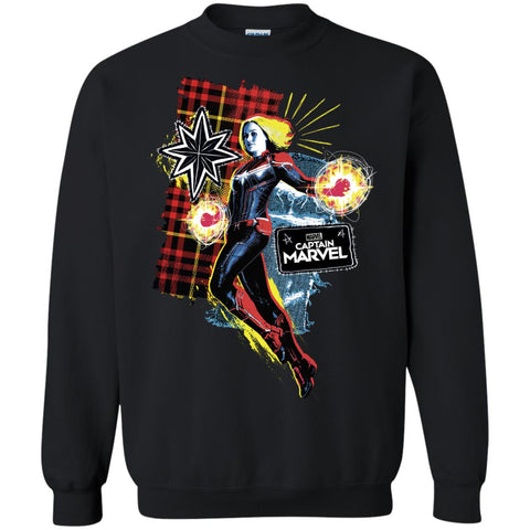 Captain Marvel Plaid Jean Patched Portrait Crewneck Pullover Sweatshirt Black / S Crewneck Pullover Sweatshirt - parenttees