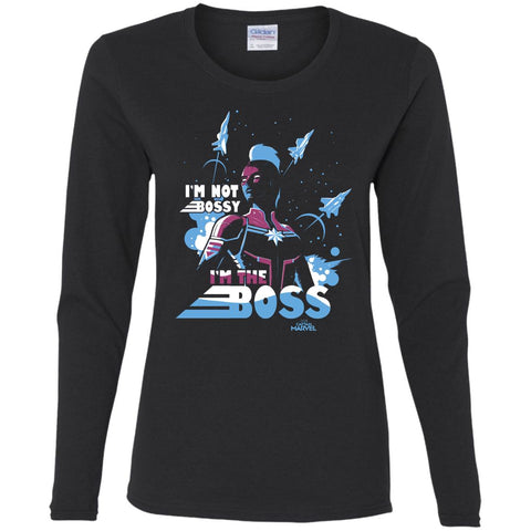 Captain Marvel I'm The Boss Space Blue Red Women Long Sleeve Shirt Black / S Women Long Sleeve Shirt - parenttees