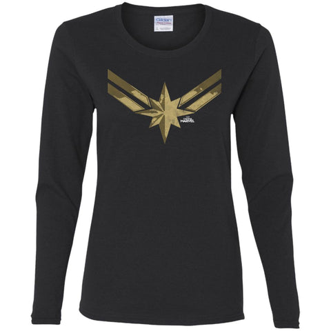 Captain Marvel Simple Gold Shadowed Logo Women Long Sleeve Shirt Black / S Women Long Sleeve Shirt - parenttees