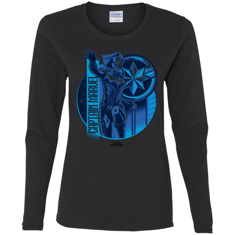 Captain Marvel Reflective Blue Circle Logo Women Long Sleeve Shirt Black / S Women Long Sleeve Shirt - parenttees