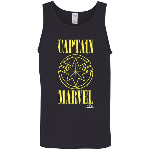 Captain Marvel Yellow Paint Drip Logo Men Cotton Tank Black / X-Small Men Cotton Tank - parenttees