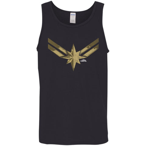 Captain Marvel Simple Gold Shadowed Logo Men Cotton Tank Black / X-Small Men Cotton Tank - parenttees