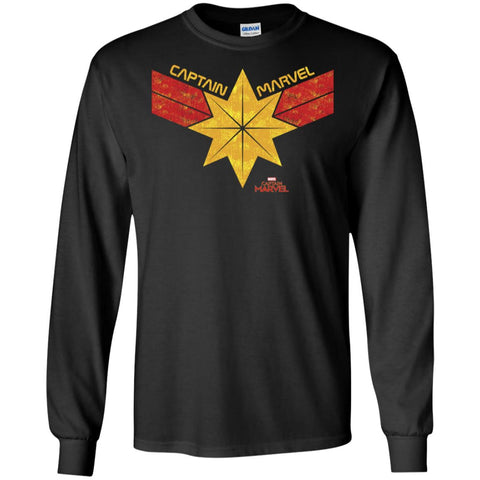 Captain Marvel Distressed Star Ribbon Logo Men Long Sleeve Shirt Black / S Men Long Sleeve Shirt - parenttees