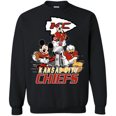 Nfl – Kansas City Chiefs Donald Duck Goofy Mickey Mouse Super Bowl 2019 Football Crewneck Pullover Sweatshirt Black / S Crewneck Pullover Sweatshirt - parenttees