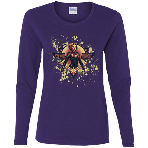 Captain Marvel Cracked Paint Splatter Logo Women Long Sleeve Shirt Purple / S Women Long Sleeve Shirt - parenttees