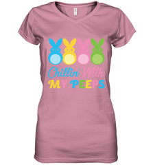 Chillin With My Cute Peeps Easter Bunny Funny Eggs Women V-Neck T-Shirt Apparel - parenttees