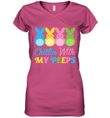 Chillin With My Cute Peeps Easter Bunny Funny Eggs Women V-Neck T-Shirt Apparel - parenttees