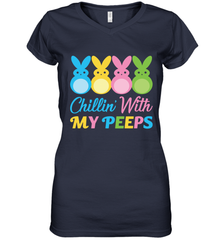 Chillin With My Cute Peeps Easter Bunny Funny Eggs Women V-Neck T-Shirt Apparel - parenttees