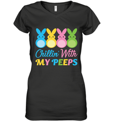 Chillin With My Cute Peeps Easter Bunny Funny Eggs Women V-Neck T-Shirt Apparel - parenttees